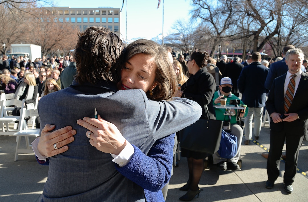 (Francisco Kjolseth  |  The Salt Lake Tribune) Erin Mendenhall is embraced by her son Cash, 13, prior to her swearing in as Salt Lake City Mayor during inauguration ceremonies at Salt Lake City Hall on Monday, Jan. 6, 2020.