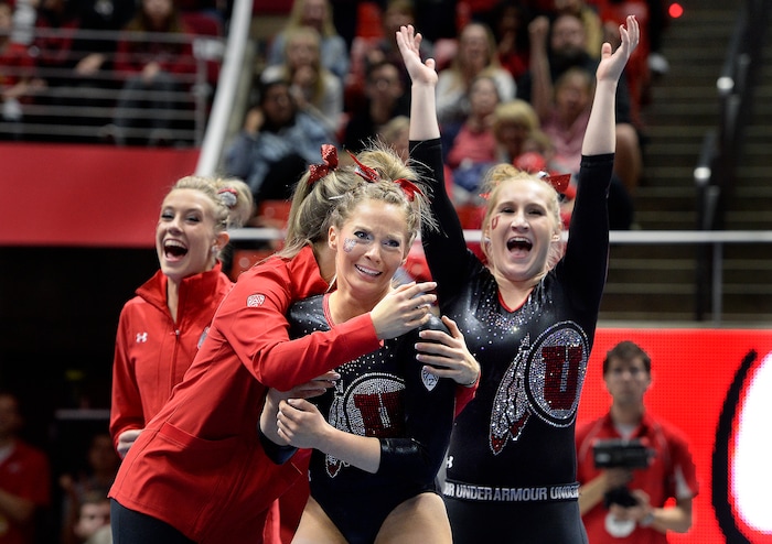 Scott Sommerdorf | The Salt Lake Tribune
Utah's MyKayla Skinner and team mates react to her 10.00 score in the floor exercise. Utah outscored Stanford 197.500 to 196.275, Friday, March 3, 2017. 