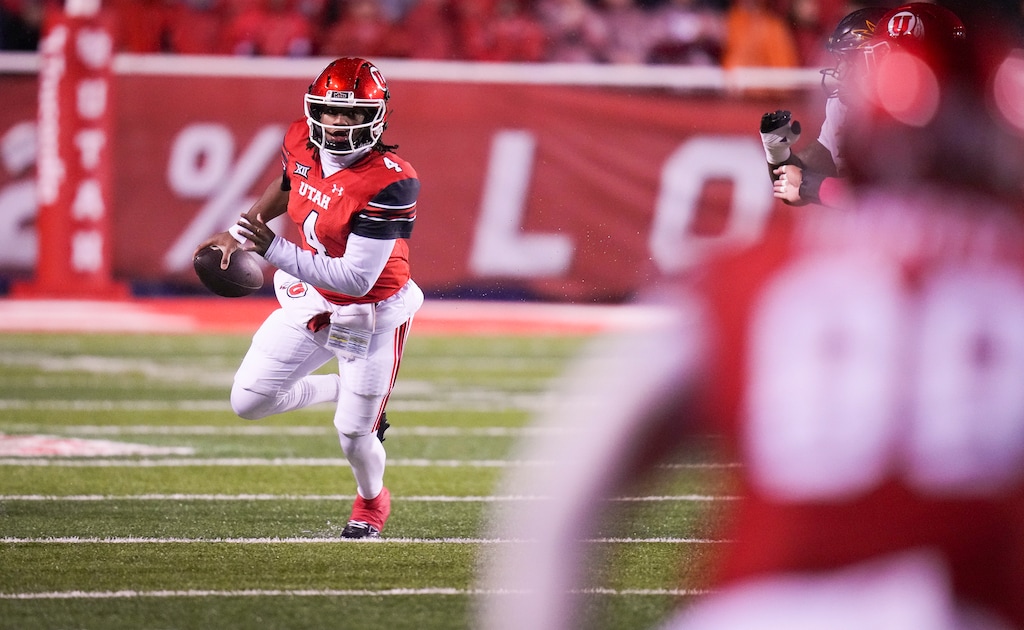 (Bethany Baker  |  The Salt Lake Tribune) Utah Utes quarterback Devon Dampier (4) runs the ball during the game between the Utah Utes and the Arizona State Sun Devils at The University of Utah in Salt Lake City on Saturday, Oct. 11, 2025.