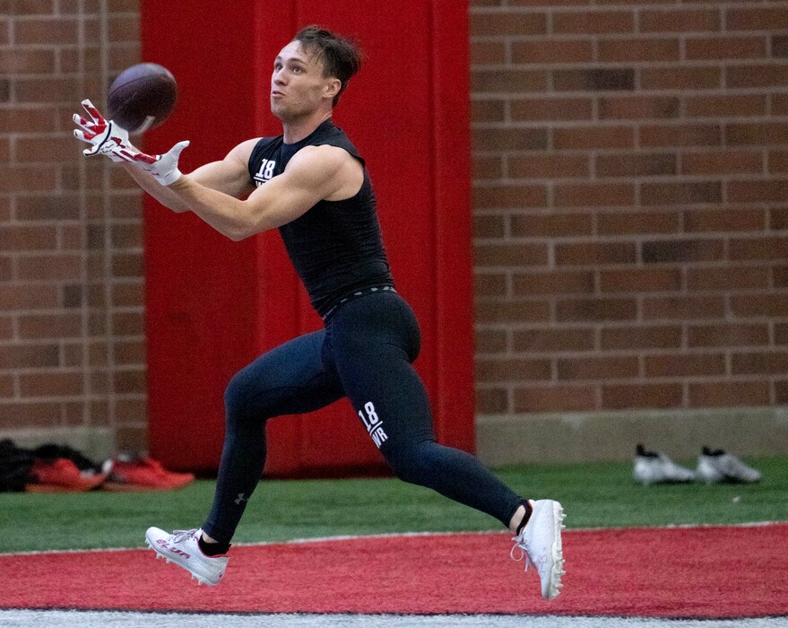 (Francisco Kjolseth | The Salt Lake Tribune) University of Utah wide receiver Britain Covey performs in front of scouts and coaches for Utah Pro Day at the Spence Eccles Field House on Thursday, March 24, 2022. 