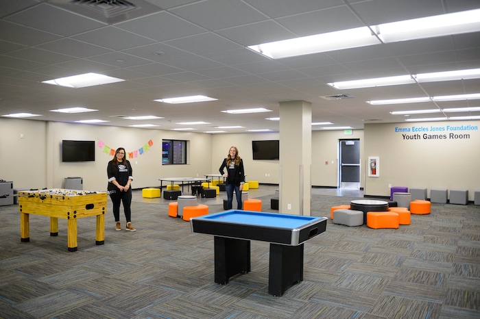(Trent Nelson  |  The Salt Lake Tribune) Terra Bueno and Andrea Whitesides in the youth games room at the Murray Boys & Girls Club on Thursday, May 14, 2020. The Boys & Girls Club has moved activities online for all of their members. Teens are meeting via zoom and the club is using Facebook to post activity videos for younger kids.