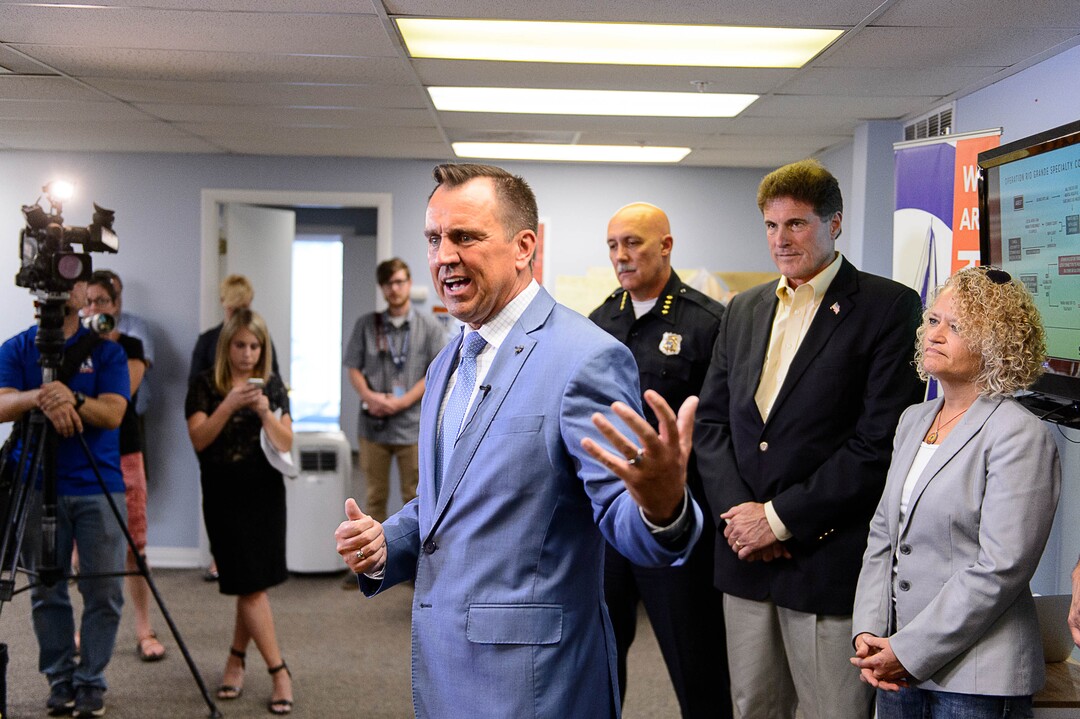 (Trent Nelson | The Salt Lake Tribune)  House Speaker Greg Hughes speaks at a news conference on Operation Rio Grande, at Odyssey House in Salt Lake City, Tuesday August 22, 2017. At right are Salt Lake Police Chief Mike Brown, Rep. Jim Dunnigan, R-Taylorsville, and Salt Lake City Mayor Jackie Biskupski.