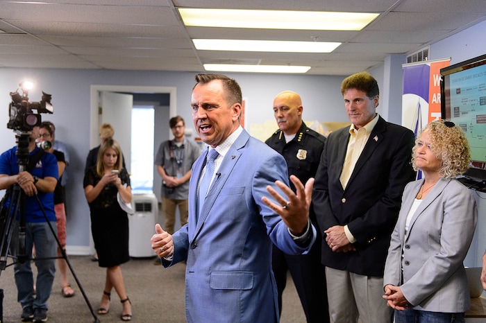 (Trent Nelson | The Salt Lake Tribune) House Speaker Greg Hughes speaks at a news conference on Operation Rio Grande, at Odyssey House in Salt Lake City, Tuesday August 22, 2017. At right are Salt Lake Police Chief Mike Brown, Rep. Jim Dunnigan, R-Taylorsville, and Salt Lake City Mayor Jackie Biskupski.