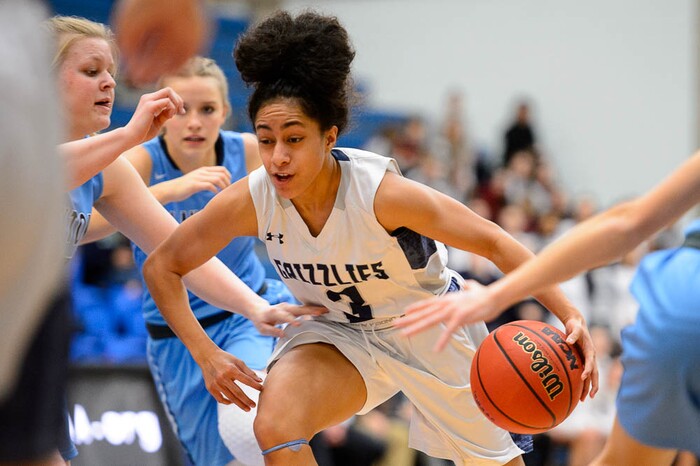 (Trent Nelson | The Salt Lake Tribune)  Copper Hills's Eleyana Tafisi (3) as Layton faces Copper Hills in the 6A High School Girls' Basketball Tournament at SLCC in Taylorsville, Thursday Feb. 22, 2018.