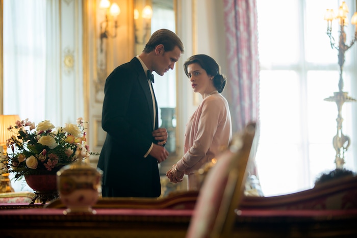 (Photo courtesy of Robert Viglasky/Netflix) Prince Philip (Matt Smith) and Queen Elizabeth (Claire Foy) argue over Prince Charles' education in “The Crown.”