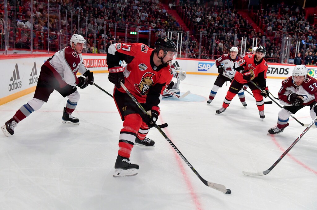 Ottawa Senators' Nate Thompson in action during the NHL Global Series hockey game between Ottawa Senators and Colorado Avalanche at Ericsson Globe in Stockholm, Saturday Nov. 11, 2017. (Jessica Gow/TT via AP)