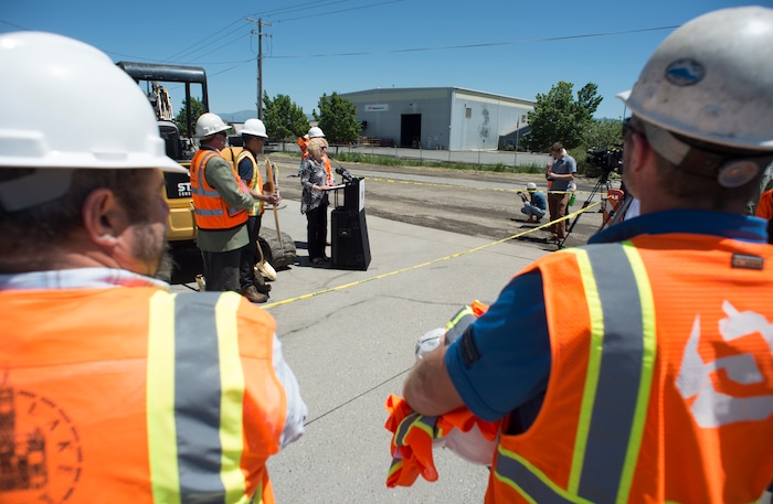 (Rick Egan | The Salt Lake Tribune) Salt Lake City Mayor Jackie Biskupski announces the start of the city’s 2018 road construction season at a new conference at 720 South Gladiola Street. A total of ten projects are scheduled for completion by the City’s Engineering Division through a combined investment of $5 million. Monday, June 11, 2018.