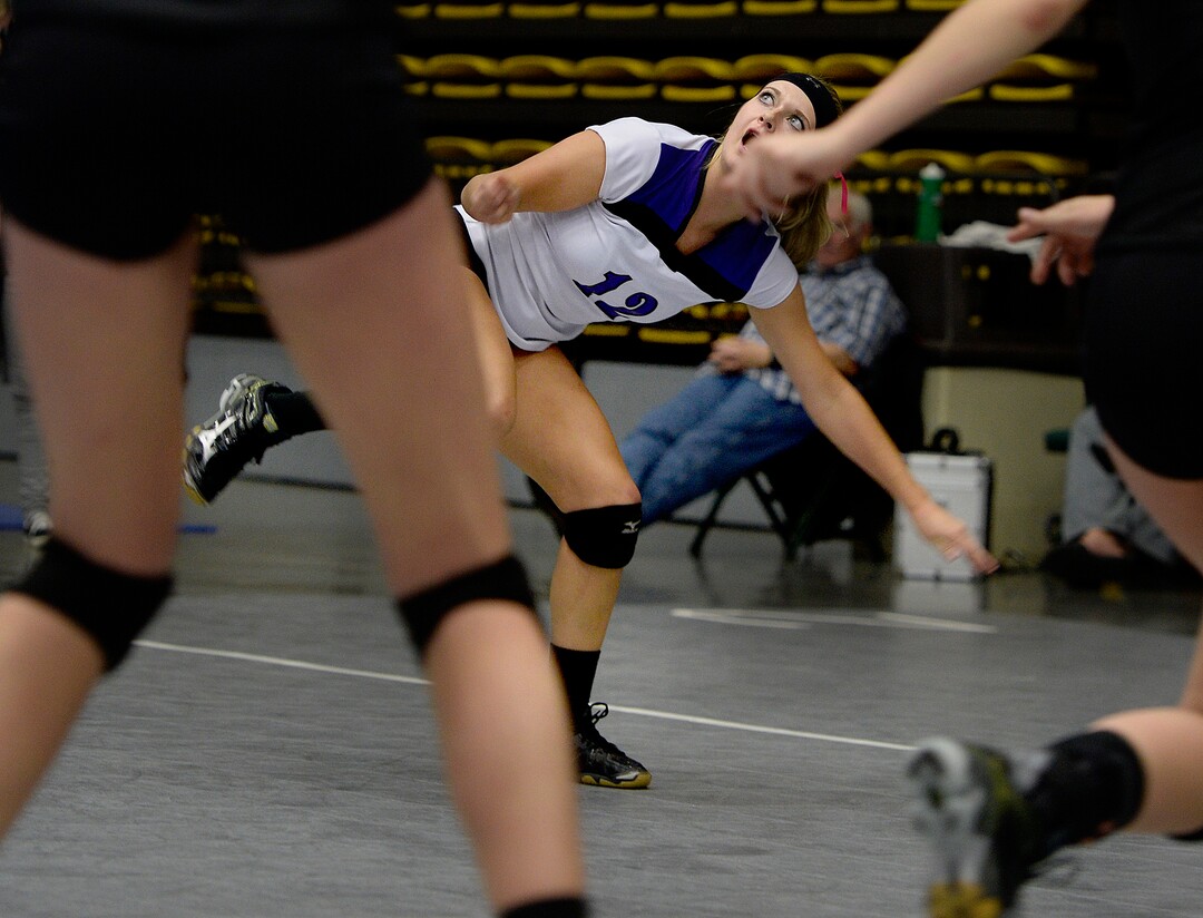 Scott Sommerdorf  |  The Salt Lake TribuneJaquelyn Langhaim reacts after she saved a ball as Pleasant Grove defeated Lehi 25-21 to take the first set of their 5A volleyball championship match at UCCU, Saturday, November 8, 2014.