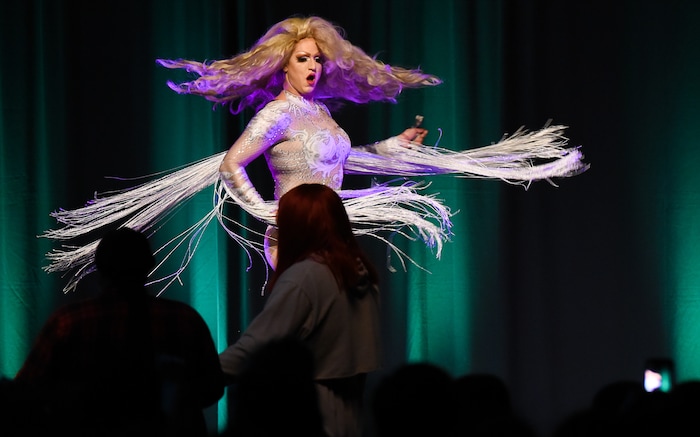 (Francisco Kjolseth  |  The Salt Lake Tribune)  Kyel Beardall lights up the stage as Emerald Fantom Daa before a packed ballroom at the Taggart Student Center at Utah State University recently. The university hosted it's first ever drag queen show, with participants excitedly exclaiming it marked Logan, Utah's fourth ever with hopes for more. 