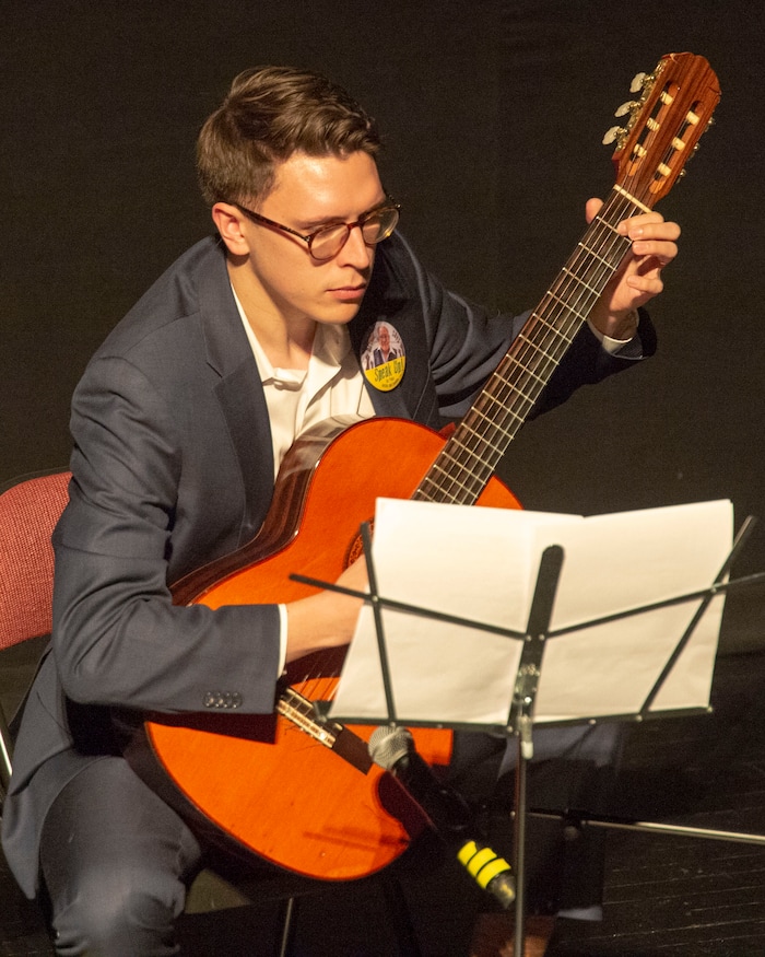(Rick Egan  |  The Salt Lake Tribune)      Jack Lester plays a musical number at the memorial service for Robert "Archie" Archuleta, at the Rose Wagner Theatre, Saturday, March 2, 2019.


