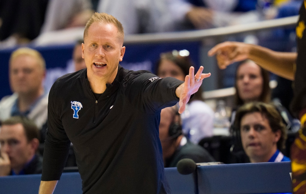 (Bethany Baker  |  The Salt Lake Tribune) BYU Cougars head coach Kevin Young calls to his team during a game with the Arizona State Sun Devils in Provo on Wednesday, Jan. 7, 2026.