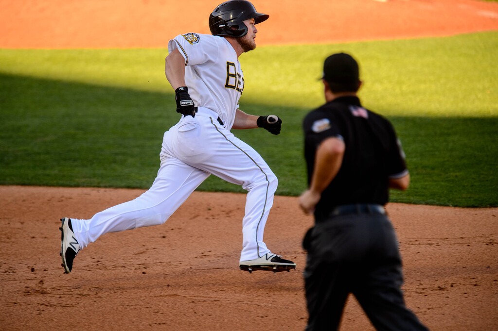 (Trent Nelson | The Salt Lake Tribune)
Salt Lake Bees' right fielder Brennon Lund hits a triple against the Sacramento River Cats, Triple-A baseball in Salt Lake City on Tuesday July 16, 2019.