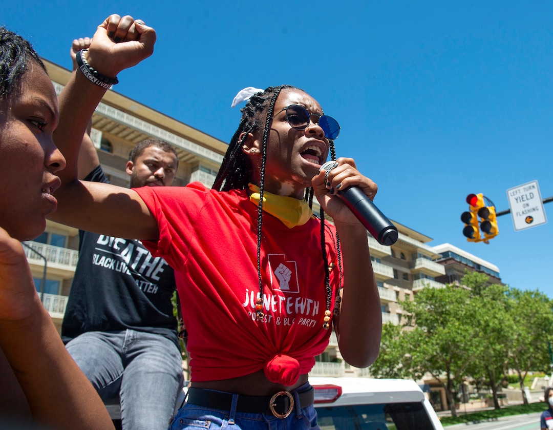 (Rick Egan  |  The Salt Lake Tribune)  Nadine Bahati speaks during the Juneteenth march in Salt Lake City on Friday, June 19, 2020.
