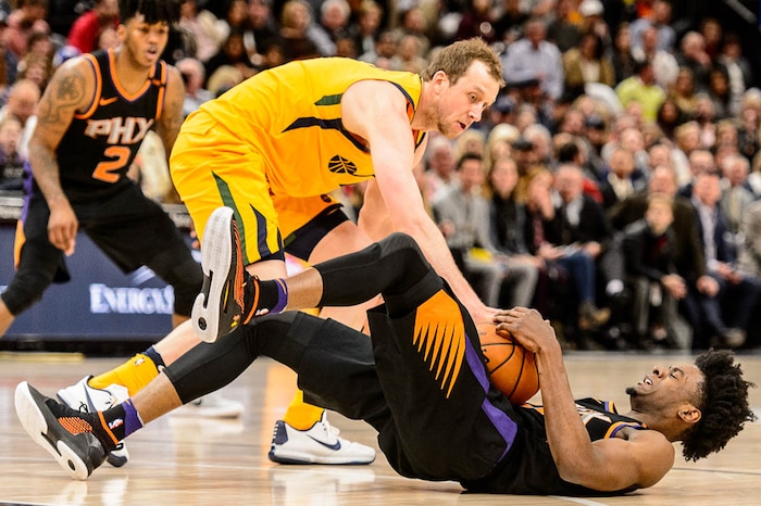(Trent Nelson | The Salt Lake Tribune)  Utah Jazz forward Joe Ingles (2) and Phoenix Suns forward Josh Jackson (20) as the Utah Jazz host the Phoenix Suns, NBA basketball in Salt Lake City, Wednesday Feb. 14, 2018.
