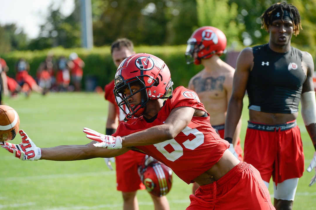 (Francisco Kjolseth  |  The Salt Lake Tribune)  Wide receiver Batchlor Johnson runs through drills as the Utah football team takes to the practice field for day one of the season on Wed. Aug. 1, 2018.