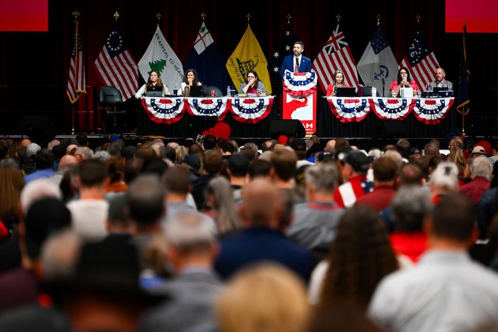 (Alex Goodlett | Special to The Tribune) Utah GOP Chair Robert Axson speaks during the 2026 GOP nominating convention at Utah Valley University on Saturday, April, 25 2026 in Orem.