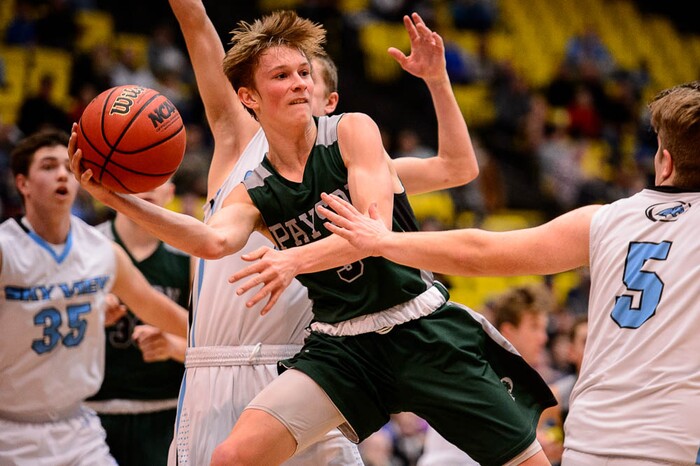(Trent Nelson | The Salt Lake Tribune)  Payson vs. Sky View, 4A State high school basketball tournament at Utah Valley University in Orem, Thursday March 1, 2018. Payson's Braydon Bahr (3) looks to pass.