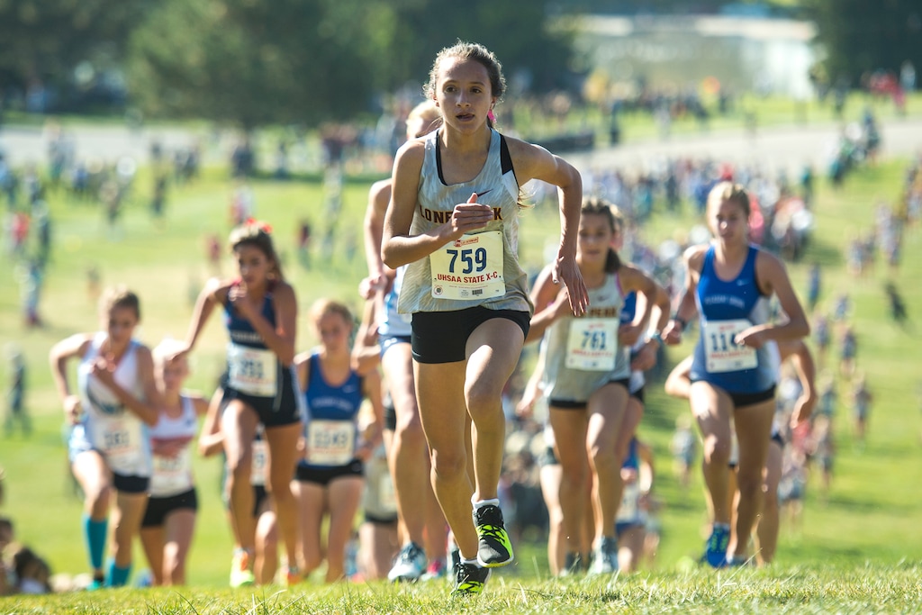 (Chris Detrick  |  The Salt Lake Tribune)  Lone Peak freshman Eliza Arrington (759) competes during the 6A girl's state cross-country meet at Sugar House Park and Highland High School Wednesday, October 18, 2017. 