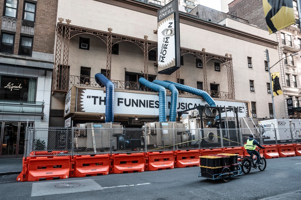 (Sara Krulwich | The New York Times) The Eugene O’Neill Theater undergoes repairs after an electrical fire in New York, May 7, 2026. 