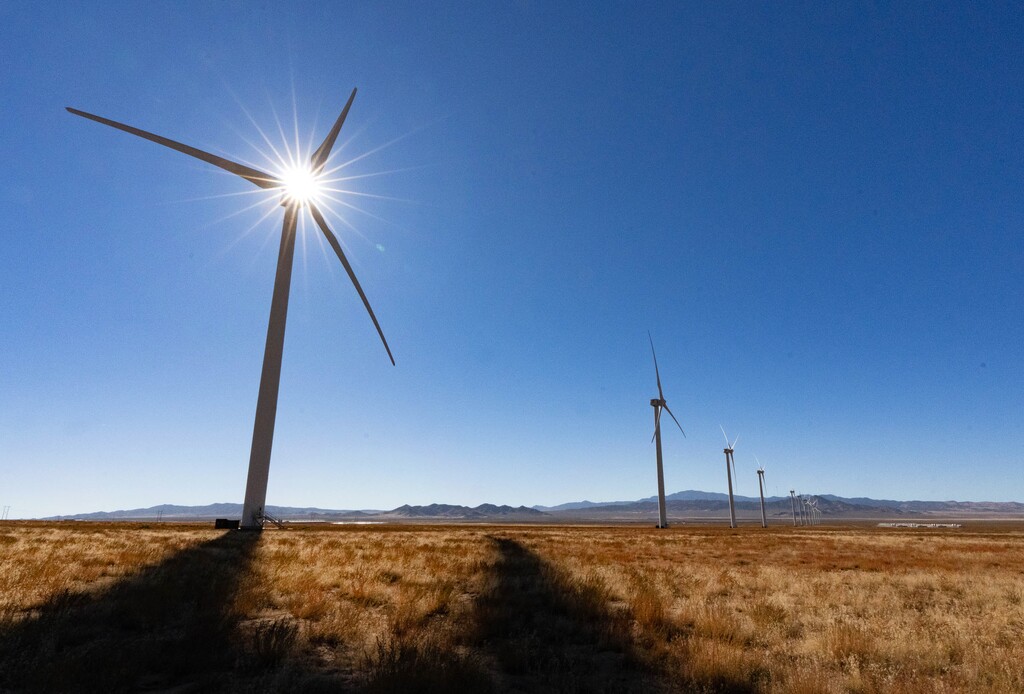 (Francisco Kjolseth | The Salt Lake Tribune) Wind turbines in the Milford Valley Energy Corridor in Beaver County on Thursday, Oct. 5, 2023.