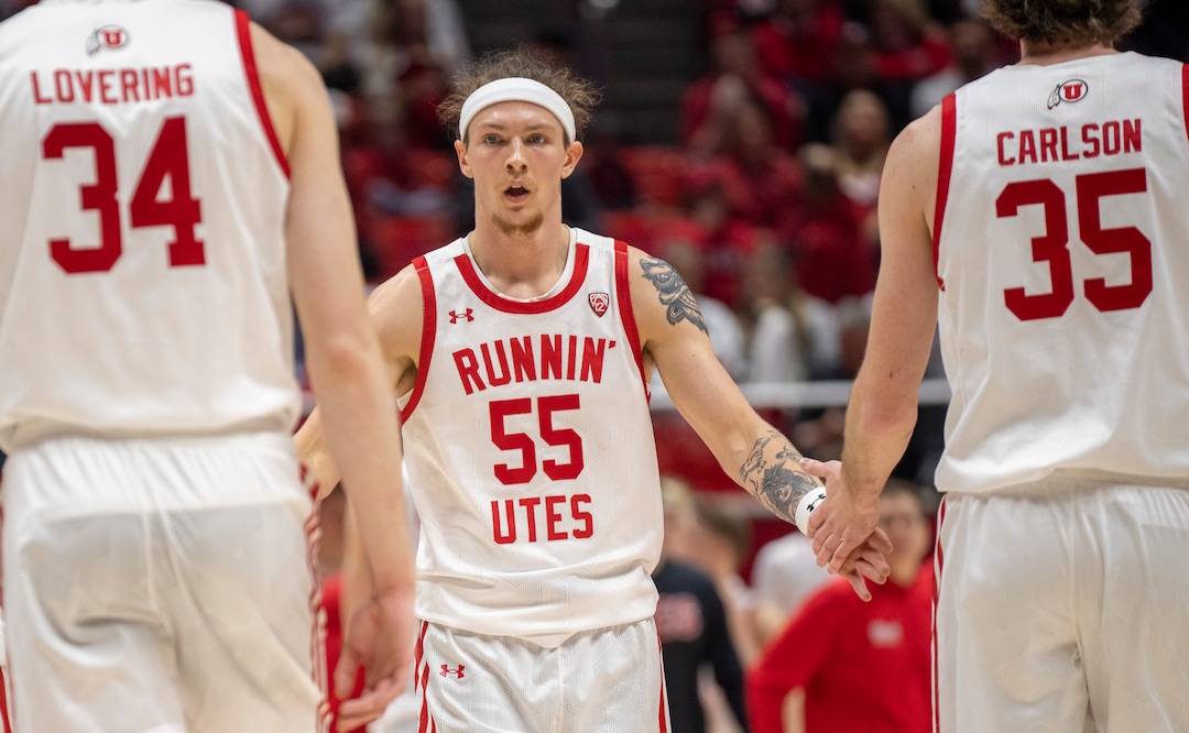 (Rick Egan | The Salt Lake Tribune) Utah Utes guard Gabe Madsen (55) congratulates team mates, in PAC-12 basketball action between the Utah Utes and the Colorado Buffaloes a the Jon M. Huntsman Center, on Saturday, Feb. 3, 2024.