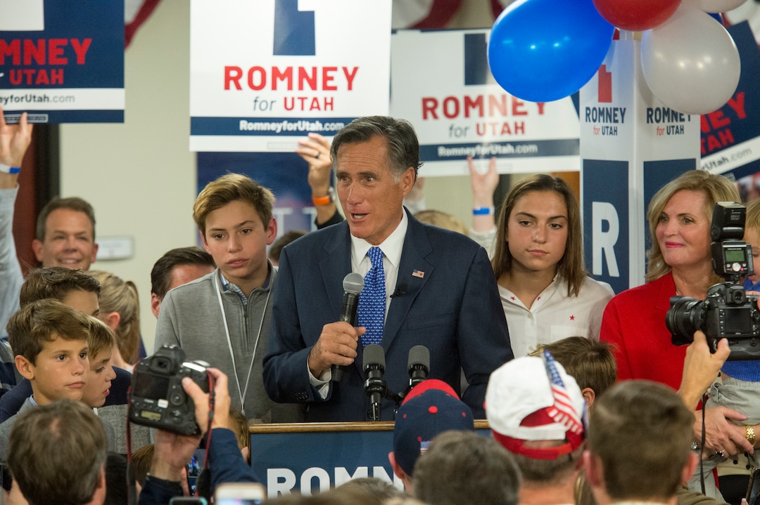 (Rick Egan  |  The Salt Lake Tribune)   Mitt Romney gives his victory speech, at the Romney Headquarters, in Orem, on election night, Tuesday, Nov. 6, 2018.