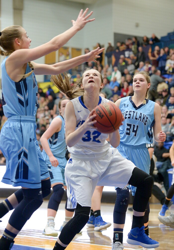 (Leah Hogsten  |  The Salt Lake Tribune)  Fremont's Haylee Doxey (32)drives to the net. Fremont defeated Westlake 54-50 in their semifinal game of the 6A High School Girls' Basketball Tournament at SLCC in Taylorsville, Friday, Feb. 23, 2018. 