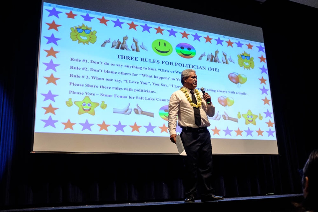 (Trent Nelson | The Salt Lake Tribune)  Stone Fonua speaks as  members of the Salt Lake County Democratic Party's central committee gather to choose a new county mayor from a field of four candidates at Corner Canyon High School in Draper on  Saturday Jan. 26, 2019.