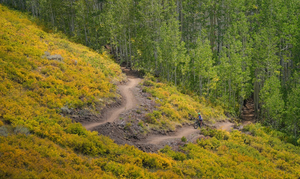 (Bethany Baker | The Salt Lake Tribune) A woman bikes along the Bonanza Loop Trail outside Park City on Monday, Sept. 9, 2024. Summer greenery along the Wasatch Mountains is expected to start turning to fall colors in the coming weeks, as temperatures cool in Utah.