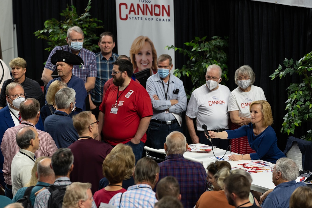 (Francisco Kjolseth | The Salt Lake Tribune) Tina Cannon takes questions from delegates as she runs for Utah Party Chair during the Utah Republican Party’s 2021 Organizing Convention at the Maverik Center in West Valley City on Saturday, May 1, 2021, as they return to an in-person format after the pandemic forced the nominating convention to go online last year.
