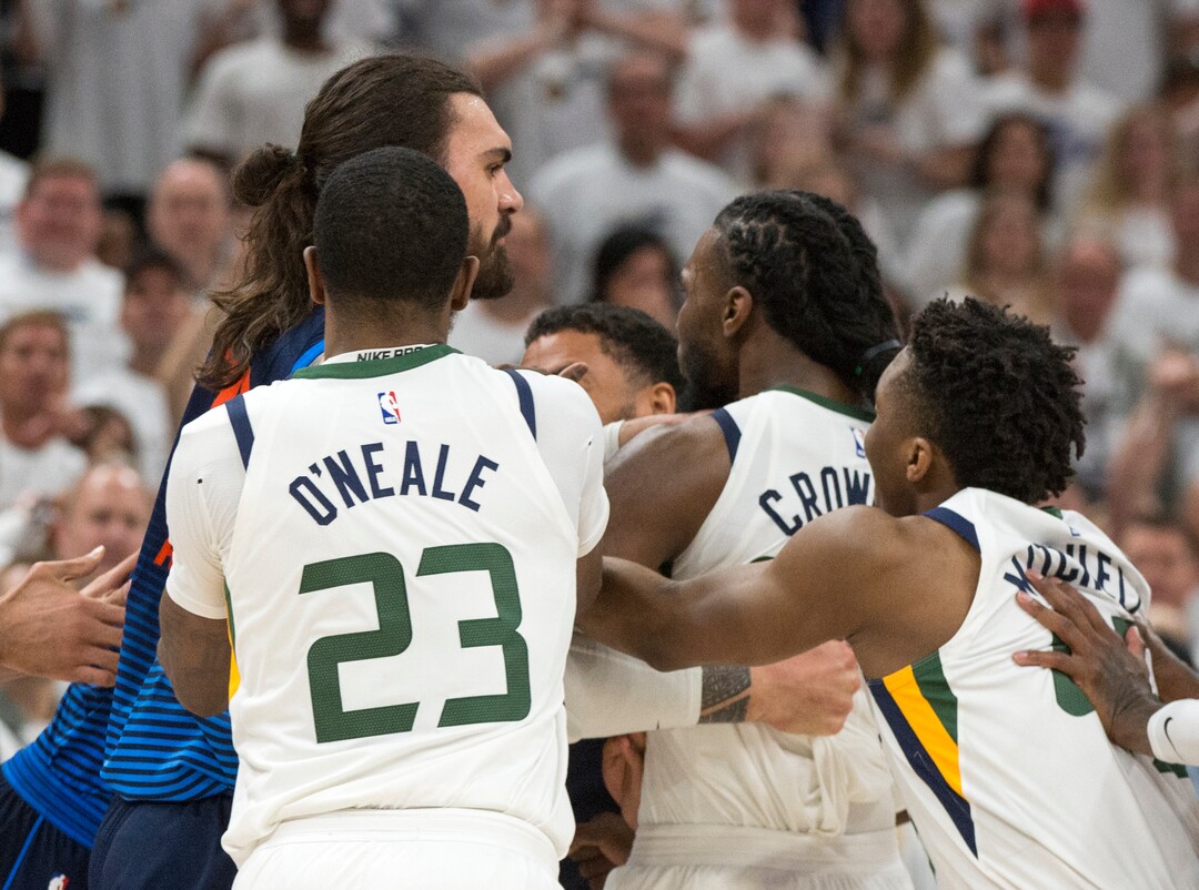 (Rick Egan  |  The Salt Lake Tribune)    Utah Jazz forward Jae Crowder (99) gets tangled up with some Oklahoma City Thunder players resulting in a technical foul and ejection from the game, in game 4, NBA playoff action between Utah Jazz and Oklahoma City Thunder, in Salt Lake City, Monday April 23, 2018.