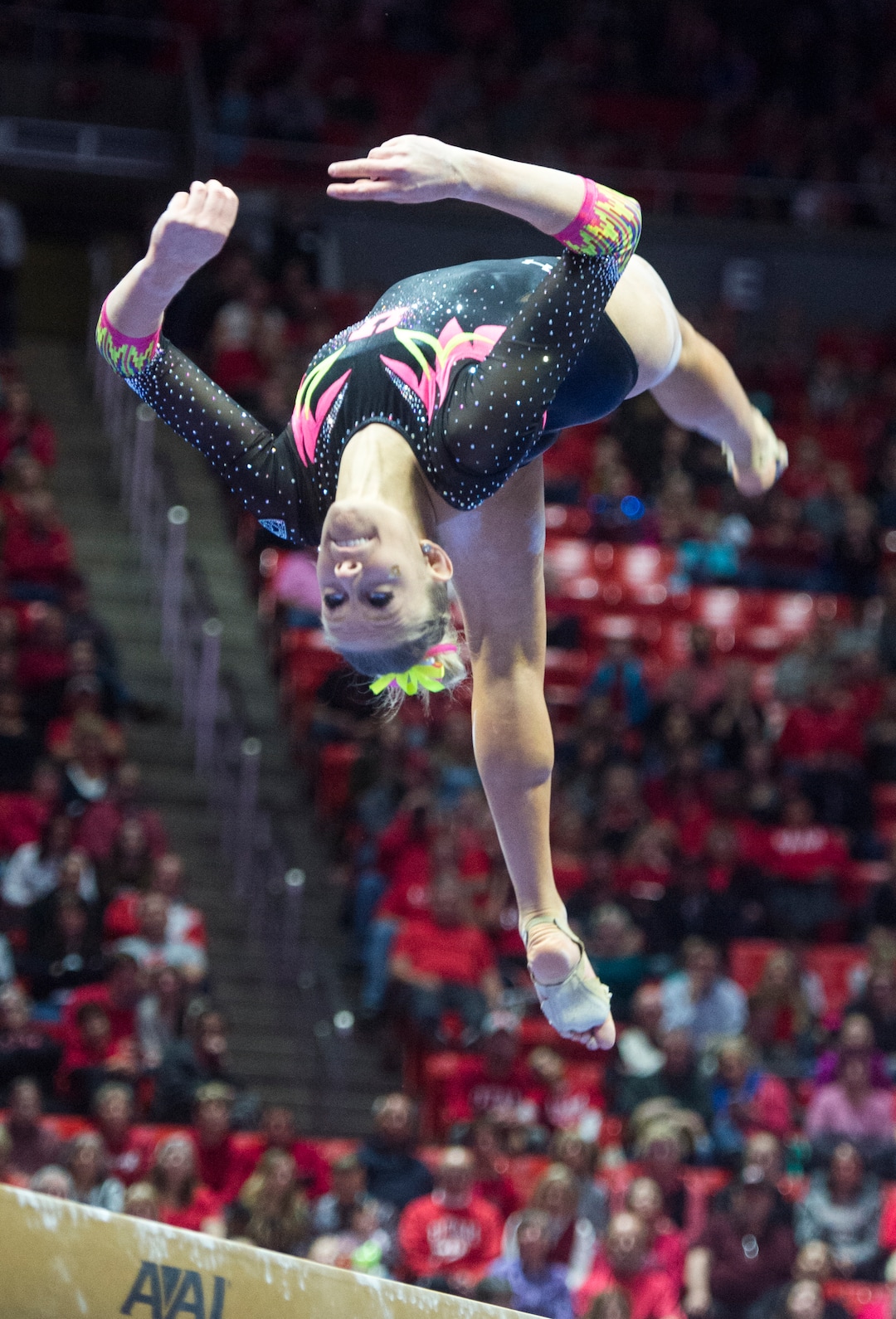(Rick Egan  |  The Salt Lake Tribune)  MaKenna Merrell-Giles competes on the beam for Utah, in Gymnastics action Utah vs. Oregon State at the Jon M. Huntsman Center, Friday, January 19, 2018.