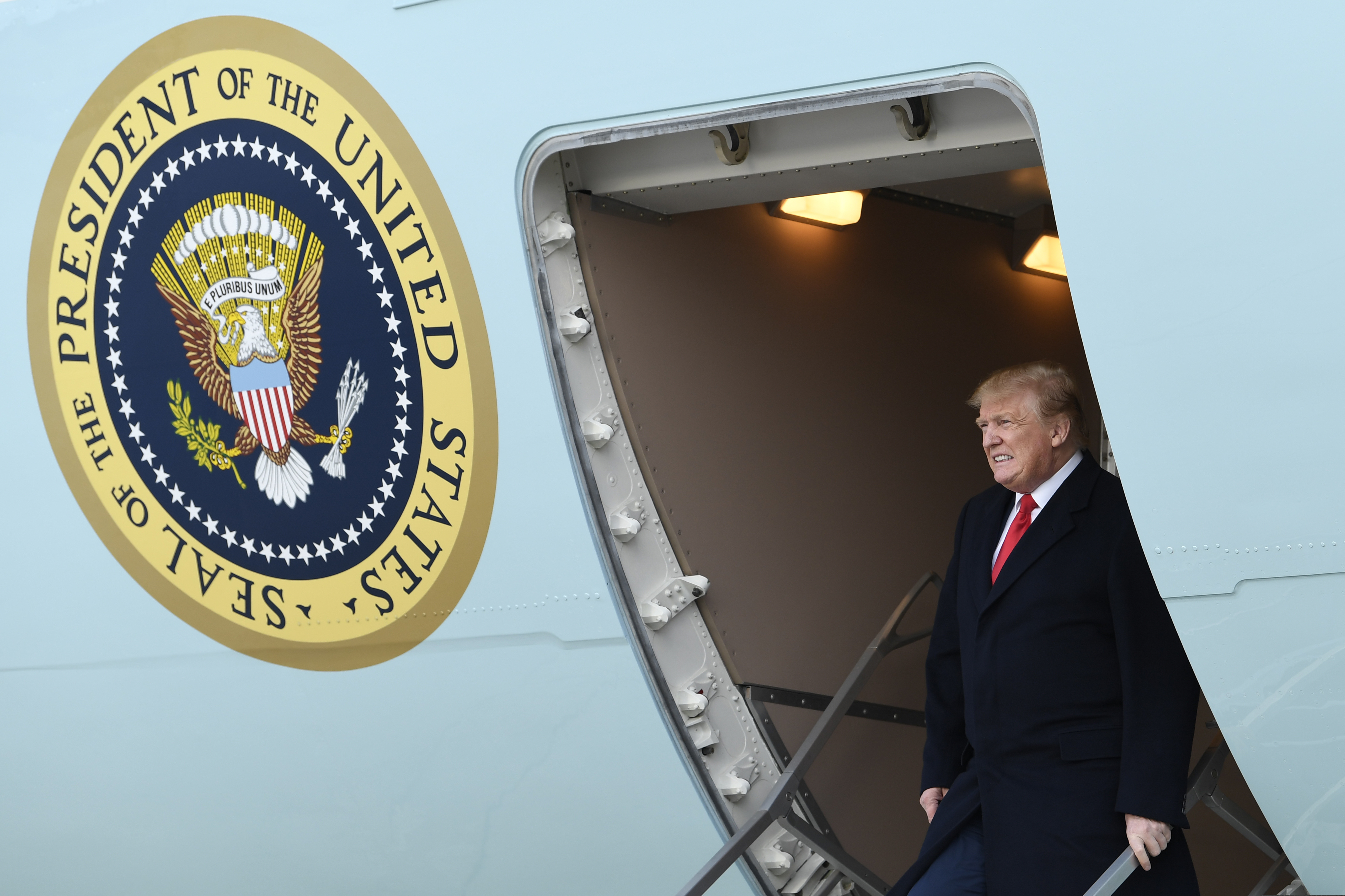FILE - In this April 15, 2019, file photo, President Donald Trump walks down the steps of Air Force One at Andrews Air Force Base in Md.  (AP Photo/Susan Walsh, File)