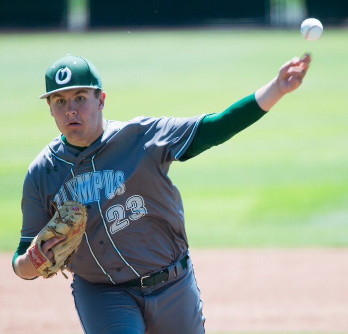 (Rick Egan  |  The Salt Lake Tribune)   Harrison Creer pitches for Olympus, in the 5A state baseball championship game, at UVU in Orem, Friday, May 25, 2018.