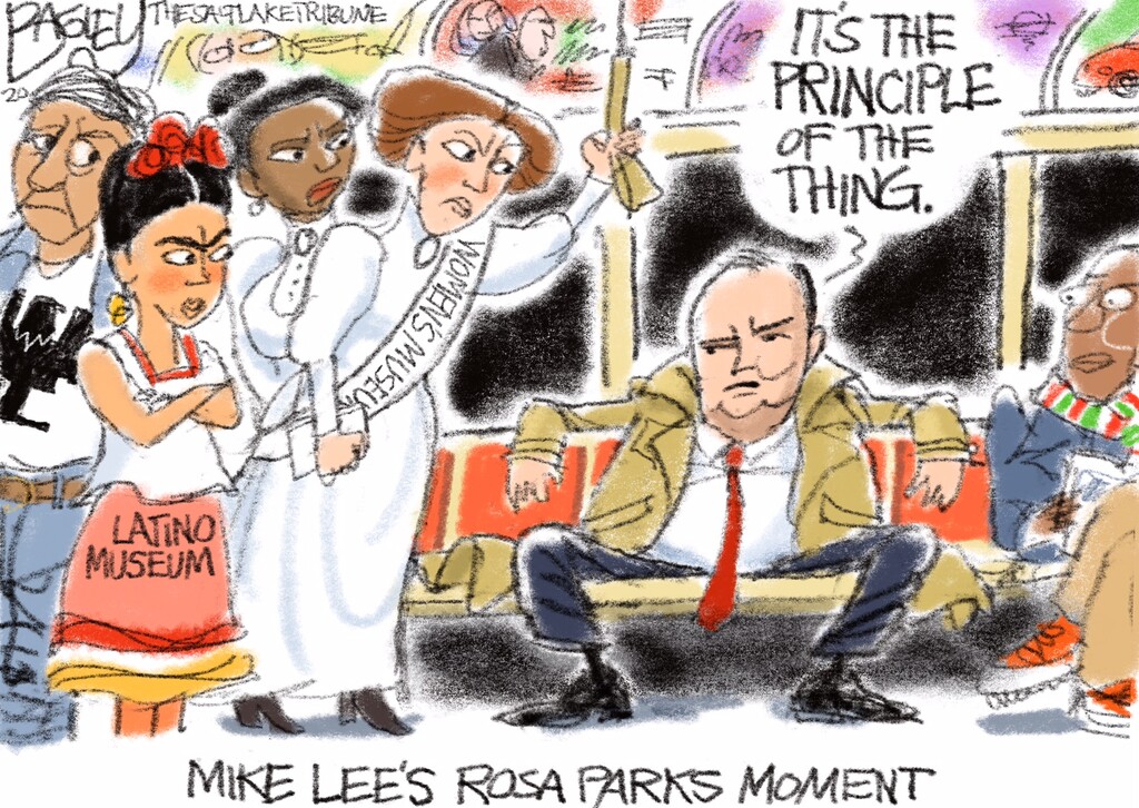 (Pat Bagley | The Salt Lake Tribune) This cartoon, titled "Manspreader Mansplains," appears in The Salt Lake Tribune on Sunday, Dec. 13, 2020.