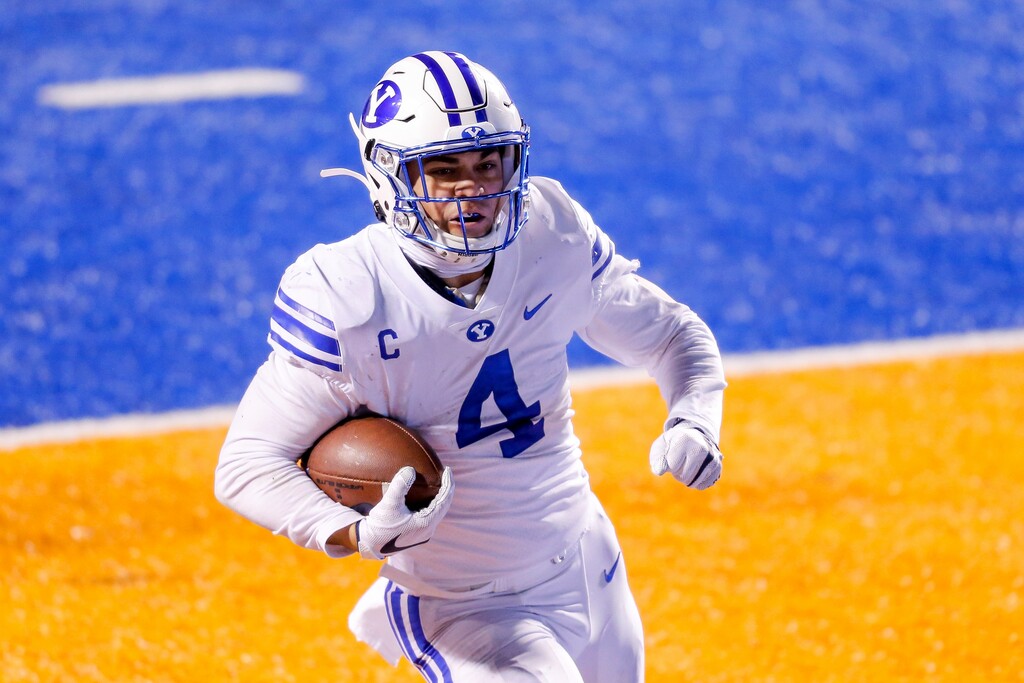 BYU running back Lopini Katoa celebrates a 20-yard touchdown run against Boise State during the second half in an NCAA college football game Friday, Nov. 6, 2020, in Boise, Idaho. (AP Photo/Steve Conner)