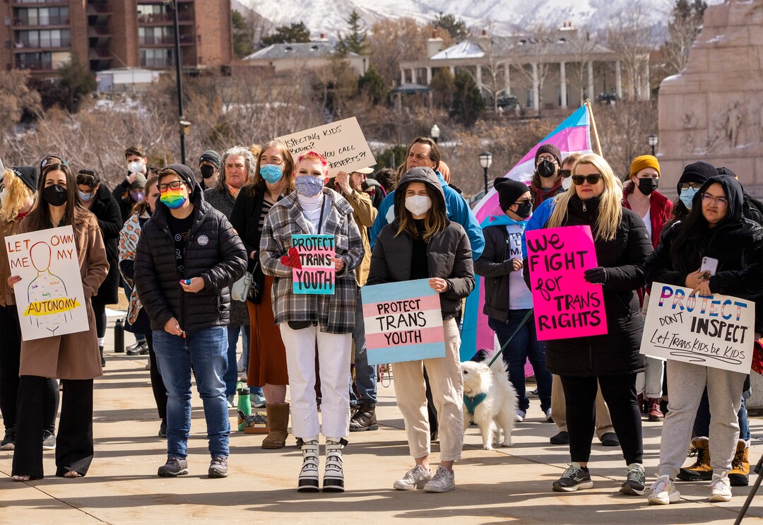 (Rick Egan | The Salt Lake Tribune)  More than 200 people gather on the steps of the Capitol for a rally, speaking out against Rep. Kera Birkeland's transgender sports bill, on Friday, Feb. 25, 2022.