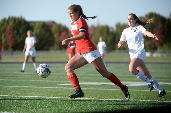 (Scott Sommerdorf   |  The Salt Lake Tribune)   East midfielder Mia Thomas makes a rush toward the goal during first half play. East beat Corner Canyon 4-1 in a Class 5A girls' soccer state quarterfinal, Thursday, October 12, 2017. 