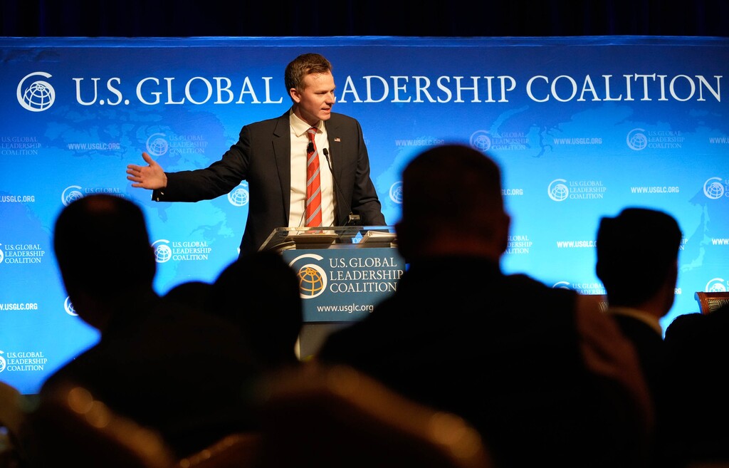 (Francisco Kjolseth | The Salt Lake Tribune) Rep. Blake Moore, who represents Utah’s 1st Congressional District, speaks during the U.S. Global Leadership Coalition discussion at Grand America Hotel in Salt Lake City on Tuesday, April 4, 2023.