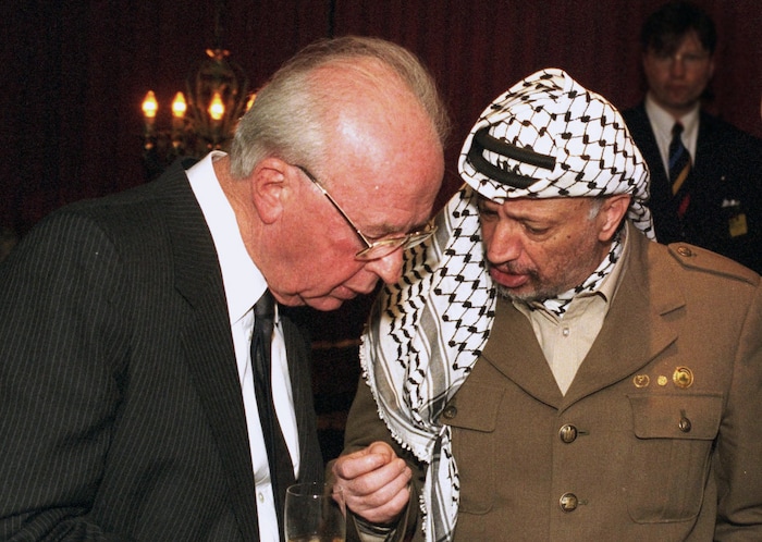 (Courtesy of Sundance Institute | photo by Saar Yaacov) Yitzhak Rabin and Yasser Arafat appear in "The Oslo Diaries" by  Mor Loushy and Danil Sivan, an official selection of the World Cinema Documentary Competition at the 2018 Sundance Film Festival.