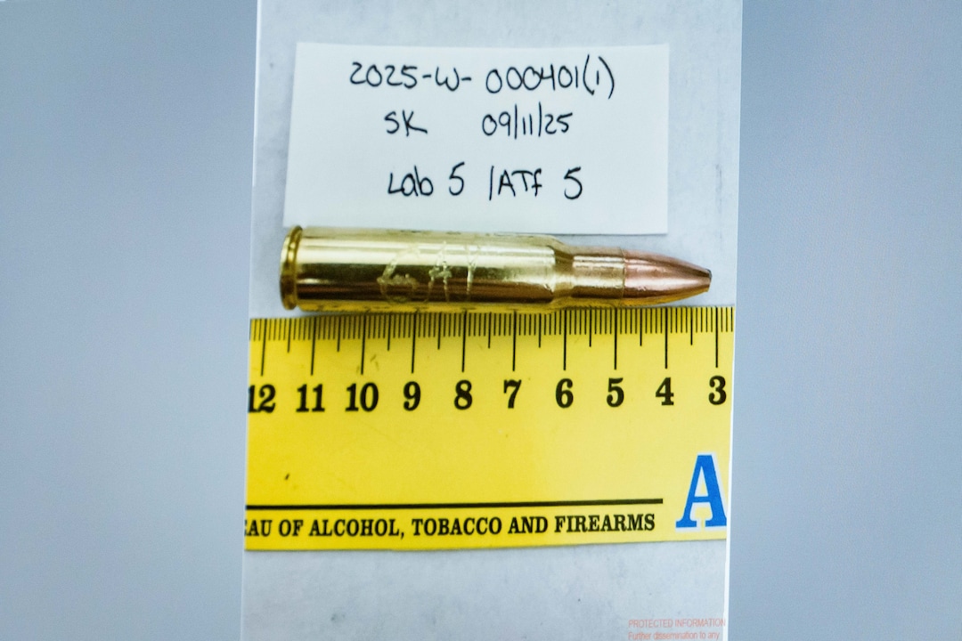 (Spenser Heaps | Pool) An image of a bullet casing engraved with the word “GAY” is displayed during a preliminary hearing for Tyler Robinson, who is accused in the fatal shooting of Charlie Kirk, at the Fourth District Courthouse in Provo, Thursday, July 9, 2026.