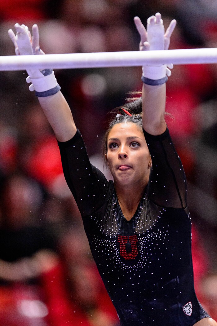 (Trent Nelson  |  The Salt Lake Tribune) Emilie Leblanc on the bars as the University of Utah hosts Arizona State, NCAA gymnastics in Salt Lake City on Friday, Jan. 24, 2020.