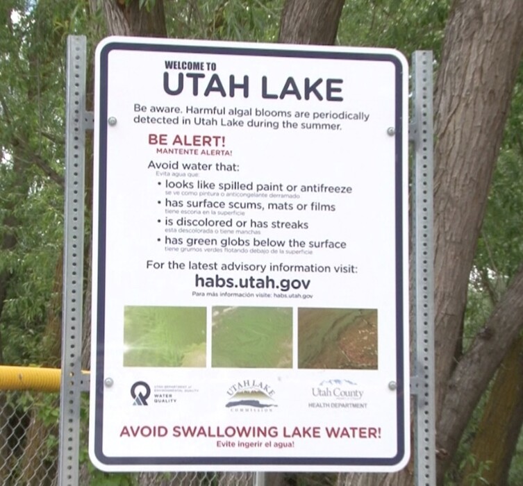 (Photo courtesy Utah County Health Department) Signs like these are being posted around Utah Lake, warning residents of the presence of dangerous algal blooms.