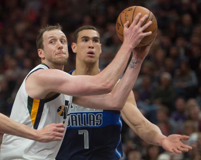 (Rick Egan  |  The Salt Lake Tribune)    Utah Jazz forward Joe Ingles (2) grabs a rebound asDallas Mavericks forward Dwight Powell (7) looks on, in NBA action between Utah Jazz and Dallas Mavericks in Salt Lake City, Saturday, Feb. 24, 2018.