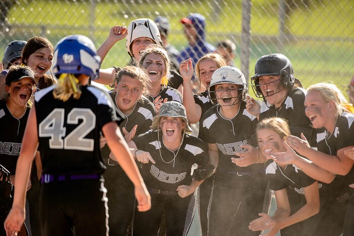 (Trent Nelson | The Salt Lake Tribune)  Bountiful faces Box Elder High School in the 5A Softball State Championship game, Thursday May 24, 2018. Box Elder players celebrate a home run by Box Elder's Nyah DeRyke (42).