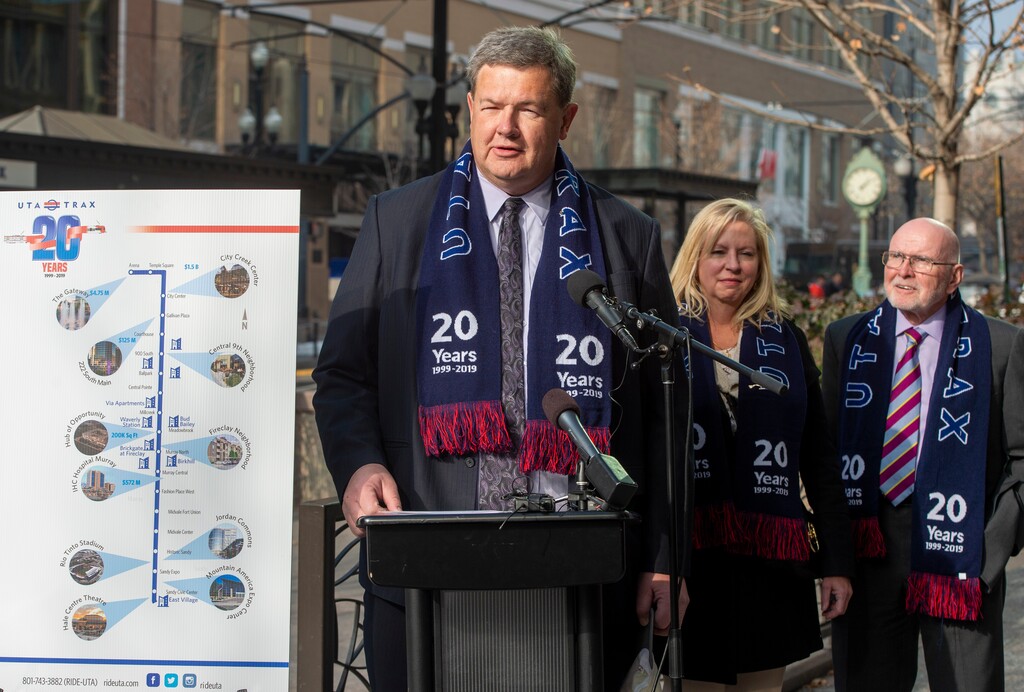 (Rick Egan  |  Tribune file photo)  UTA Board Chairman Carlton Christensen speaks as officials celebrate the 20th anniversary of TRAX trains during a news conference at the City Creek Trax stop on Main Street in Salt Lake City, Dec. 4, 2019.