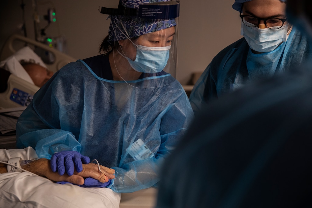 (Victor J. Blue | The New York Times)
Doctors treat a COVID-19 patient at Long Island Jewish Medical Center in Queens, May 16, 2020. A pandemic is a test of a country’s governance, and this is one the United States has failed, Nicholas Kristof writes.