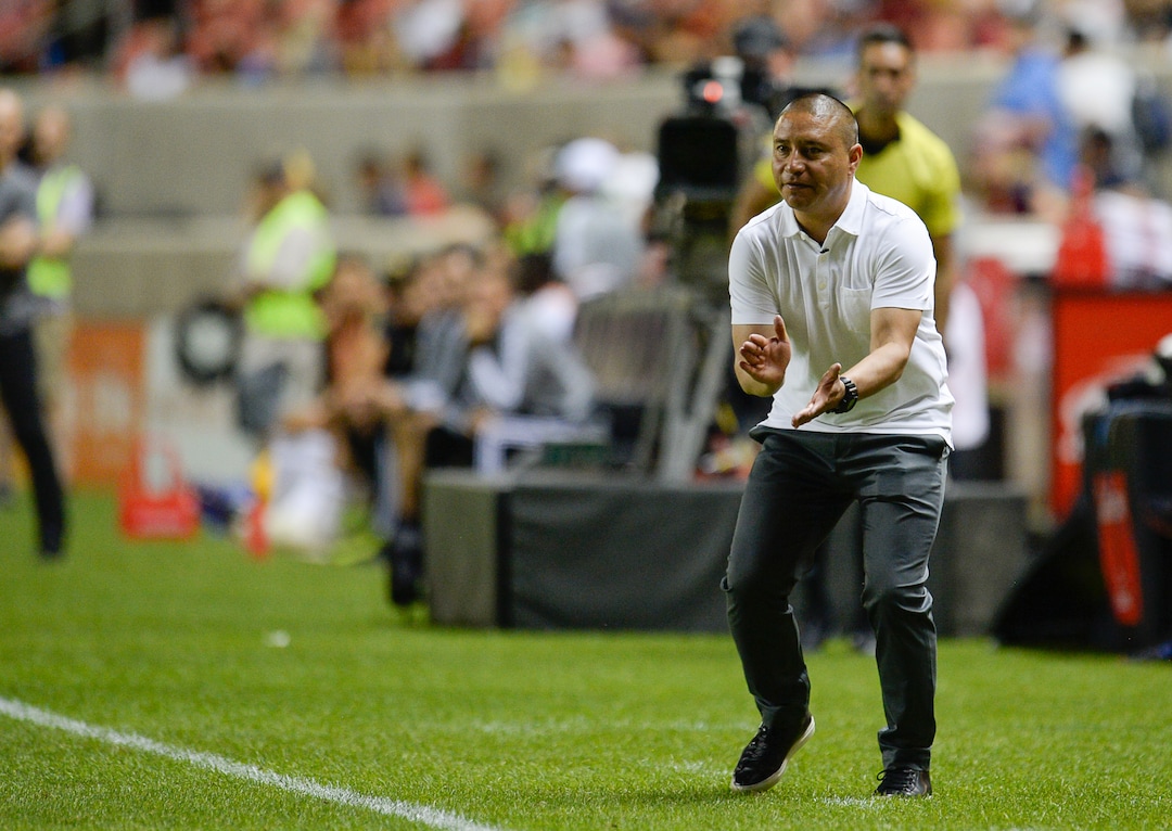 (Francisco Kjolseth  |  The Salt Lake Tribune)  Real Salt Lake coach Freddie Juarez pushes his team as Real Salt Lake hosts Los Angeles FC at Rio Tinto Stadium in Sandy on Saturday, Aug. 17, 2019.