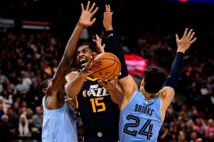 (Trent Nelson | The Salt Lake Tribune)
Utah Jazz forward Derrick Favors (15). Utah Jazz vs Memphis Grizzlies, NBA basketball in Salt Lake City on Friday Nov. 2, 2018.