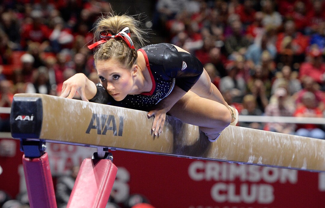 Scott Sommerdorf | The Salt Lake TribuneUtah's MyKayla Skinner during her 9.70 beam routine. Utah outscored Stanford 197.500 to 196.275, Friday, March 3, 2017. 